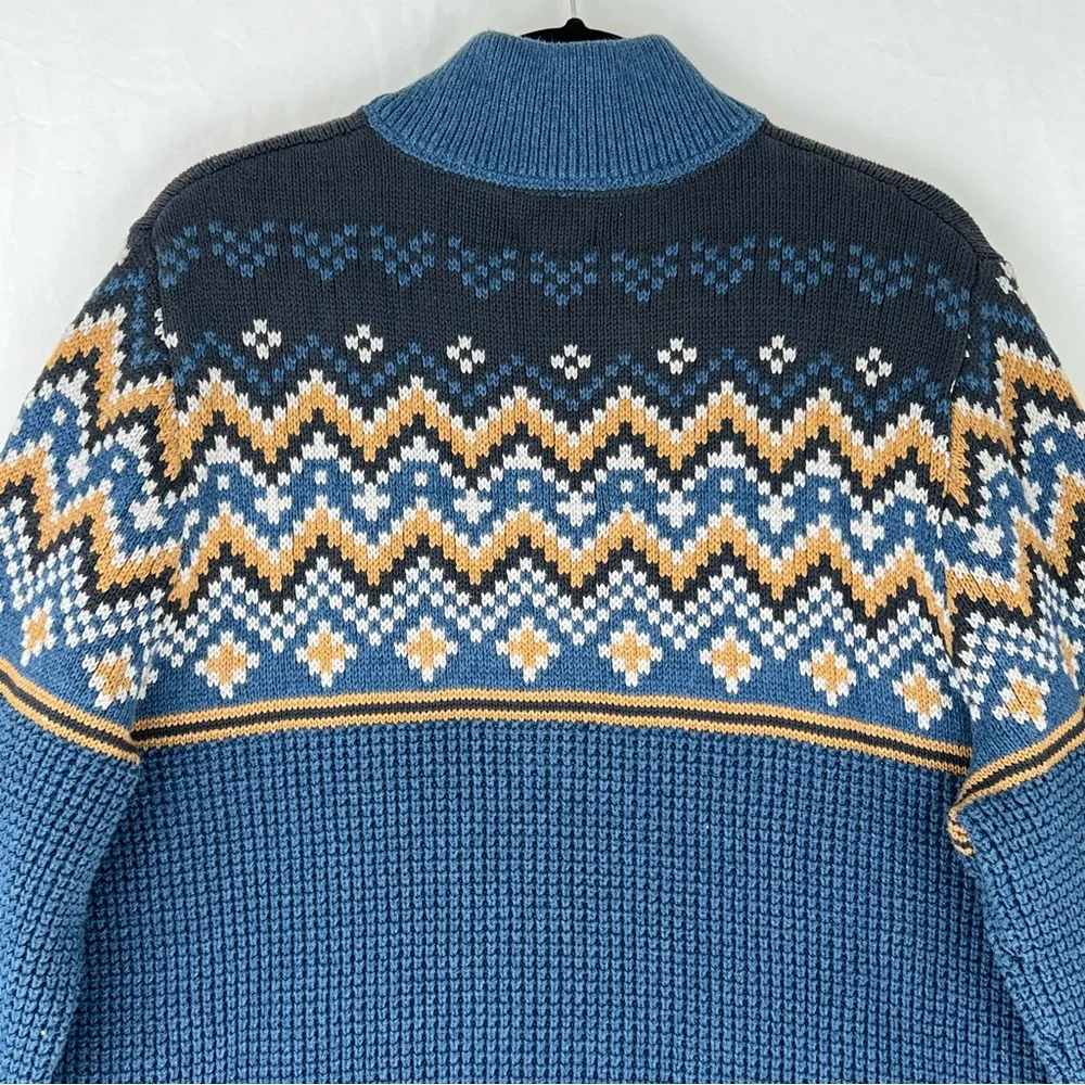 Vintage LL Bean Sweater Fair Isle Waffle 1/4 Zip Pullover Blue Cotton XL Y2K